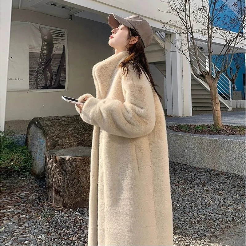 

Autumn Winter Thick Faux Fur Long Style Standing Collar Waterfowl Fur and Mink Combined Soft Fur Eco-friendly Women's Coat
