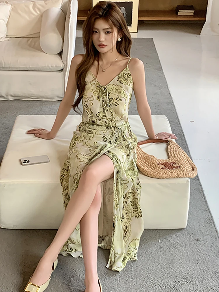 Abito lungo sexy da donna verde floreale chic con fiocco 2025 Nuovo elegante abito da vacanza casual estivo coreano aderente abiti da festival