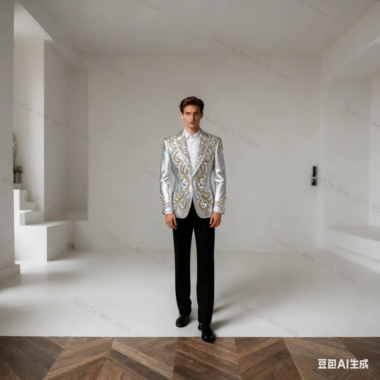 

Silver Grey Men Suit Set 2 Piece Crystals Blazer+Pants Trousers Black Wedding Tuxedos Formal Office Jacket Prom Coat Customized