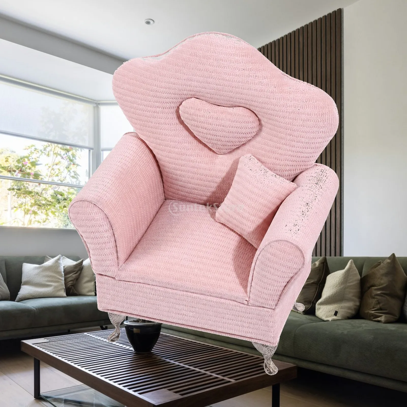 Miniature Sofa Chair with Heart Backrest | Soft Upholstered Seat, Doll Sofa with metal Legs, for Action Figure Displays