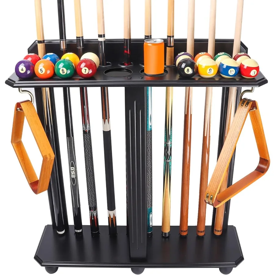 

Corner-Style Floor Stand Billiard Pool Cue Racks with Score Counters for Pool Cue Sticks Balls Set Ball Racks in Black Metal
