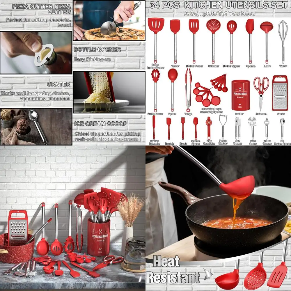 

Набор кухонных принадлежностей из 34 предметов с теркой, силиконовая лопаточка для ложки, термостойкий силикон, ручки из нержавеющей стали, красный (нестатический)