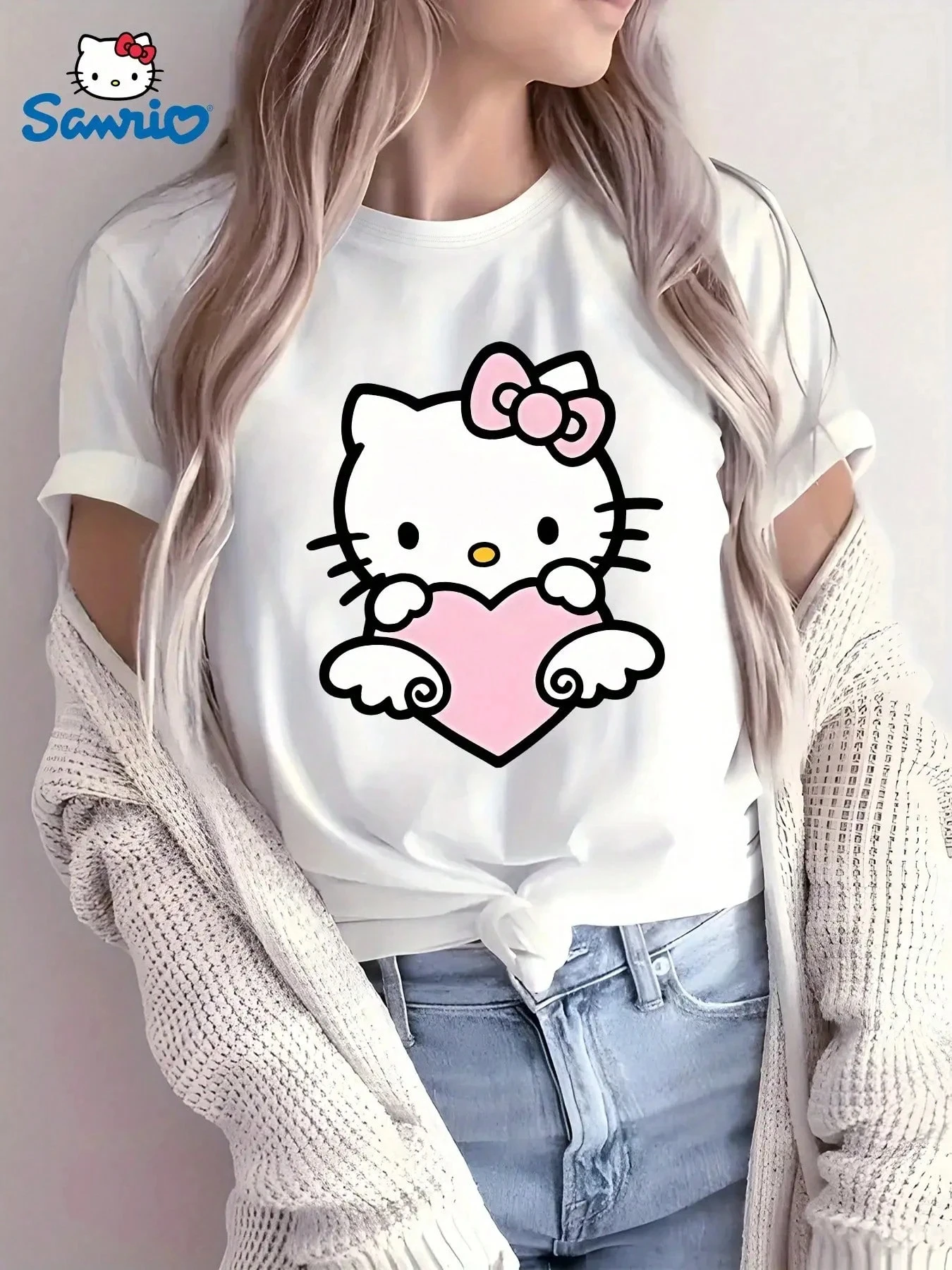 

Женская футболка с рисунком Sanrio Hello Kitty, хлопковая классическая футболка с короткими рукавами, унисекс, уличная одежда, свободная, повседневная, стильная, свободного кроя
