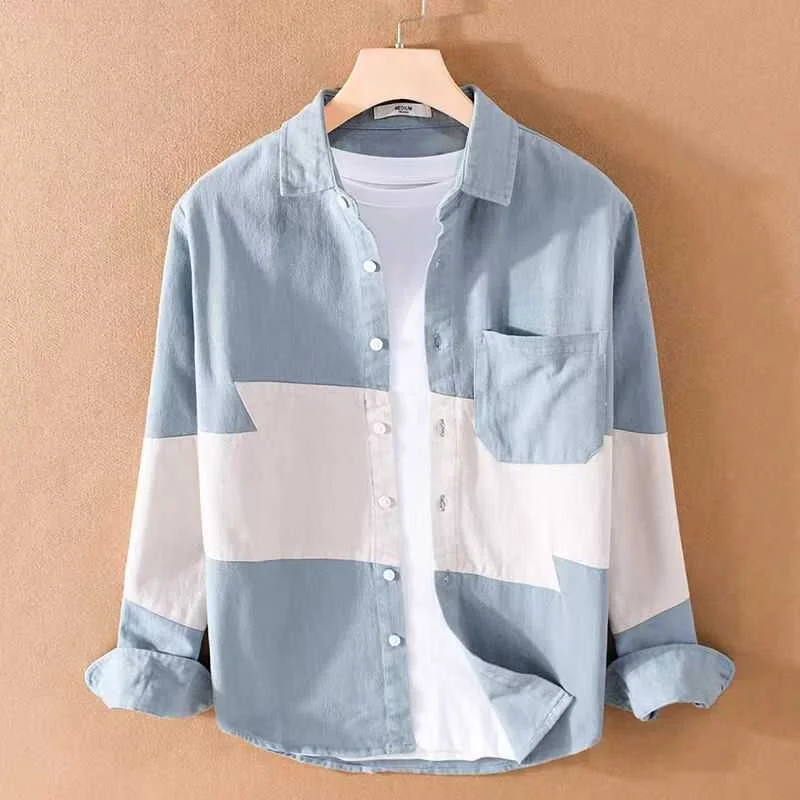 

Свободная куртка-рубашка с длинными рукавами и цветными вставками в стиле пэчворк для мужчин, весна-осень, модная повседневная верхняя одежда