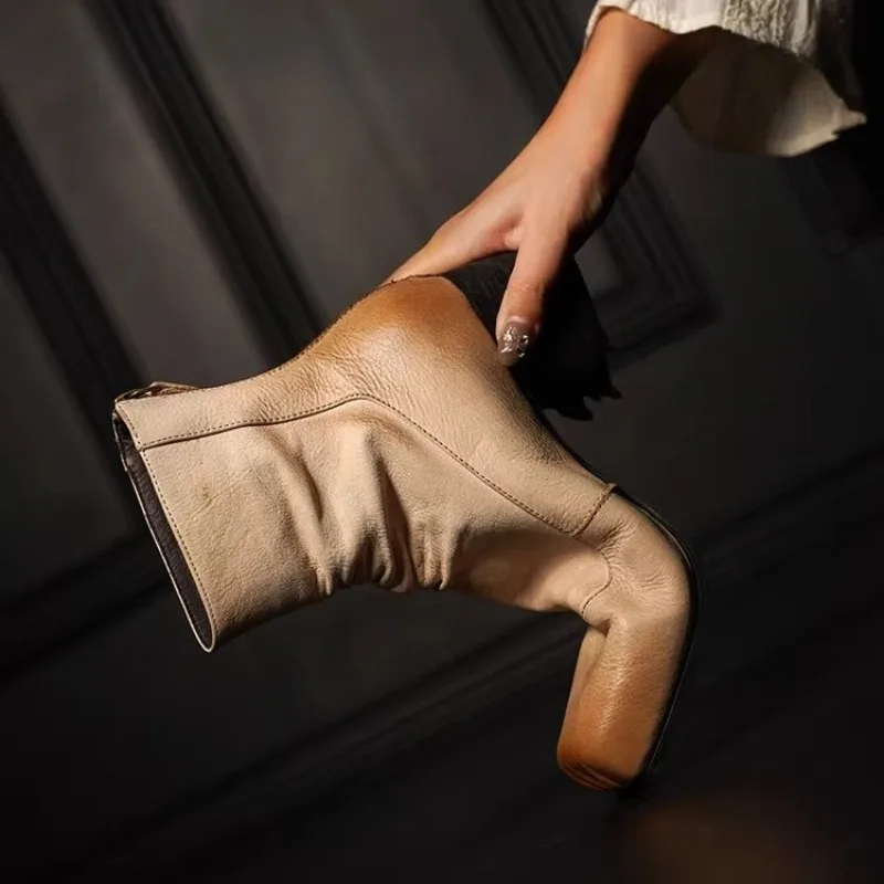 

Дизайнерские женские ботинки на высоком каблуке 5 см в стиле ретро с квадратным носком, современные рабочие балетки «Челси», женская обувь, удобная обувь из натуральной кожи