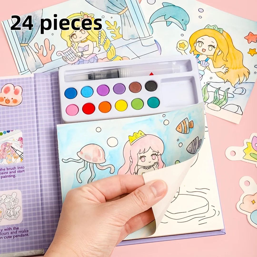 1 Book with 24 Watercolor Coloring Pages Gift Box Set - Includes a Built-In Palette + Water Brush, DIY Art Kit, Suitable for Children Aged 3 and Above, Perfect Birthday and Holiday Gift