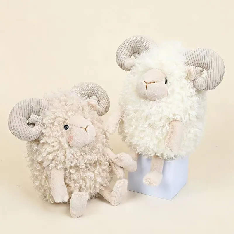

Cute Sheep Plush Toy Soft Stuffed Ram Doll with Curly Wool Horns Kawaii Room Decor Gift for Kids Girls Family Friends Kawaii