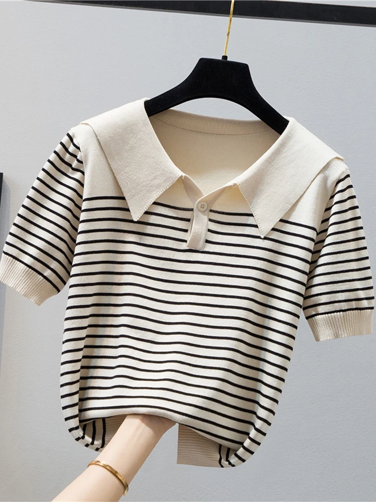 

Striped Knitted Tshirts For Women Short Sleeve Black Loose Baisc T-shirt Thin Summer Clothes 2024 Tee Shirt Femme Knit Tops