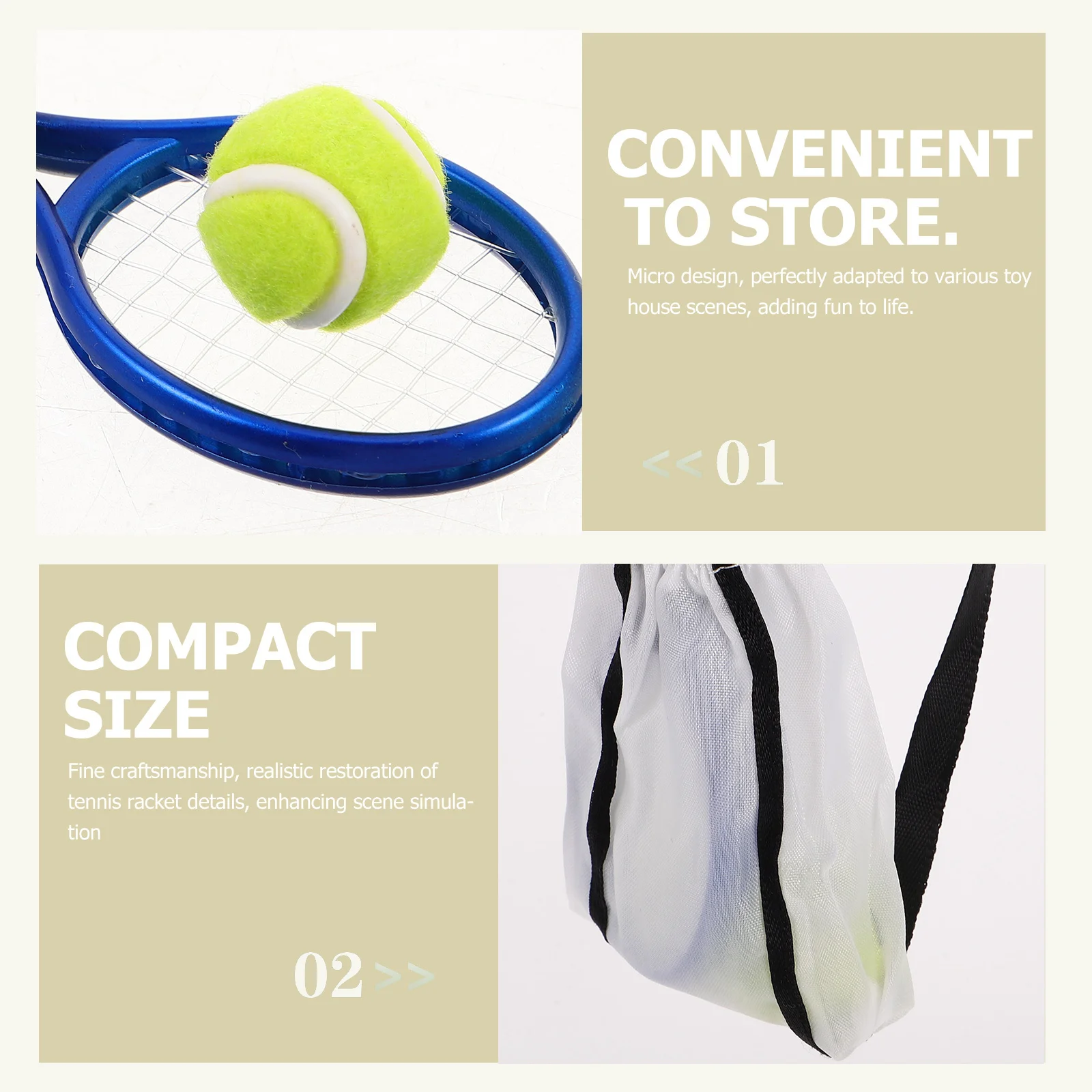 2Sets Mini Tennisracket Set Bal Realistisch Sportaccessoire Poppenhuis Miniatuur Opbergtas Creatief Speeltennis Speelgoedset