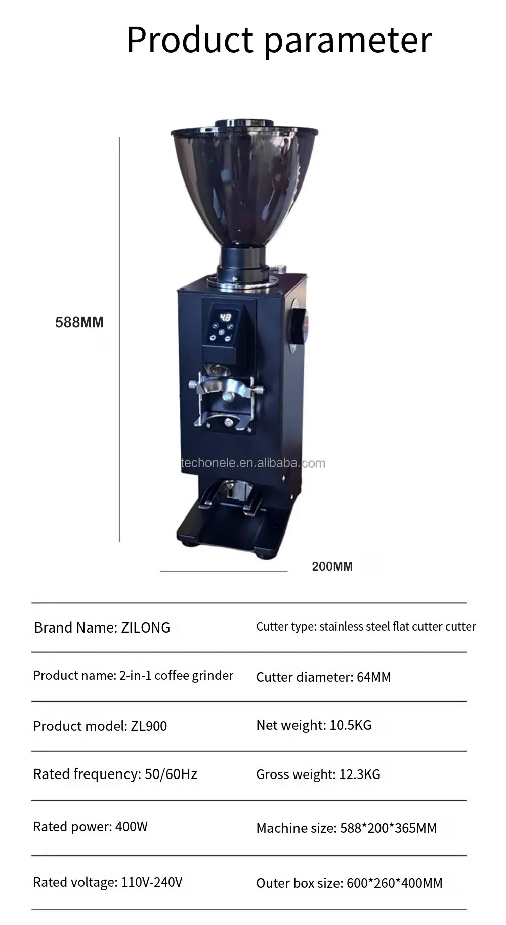 Commercial 64mm Heavy-Duty Bean Grinder Coffee Grinder Stainless Steel Burr Grinding Machine LCD Display