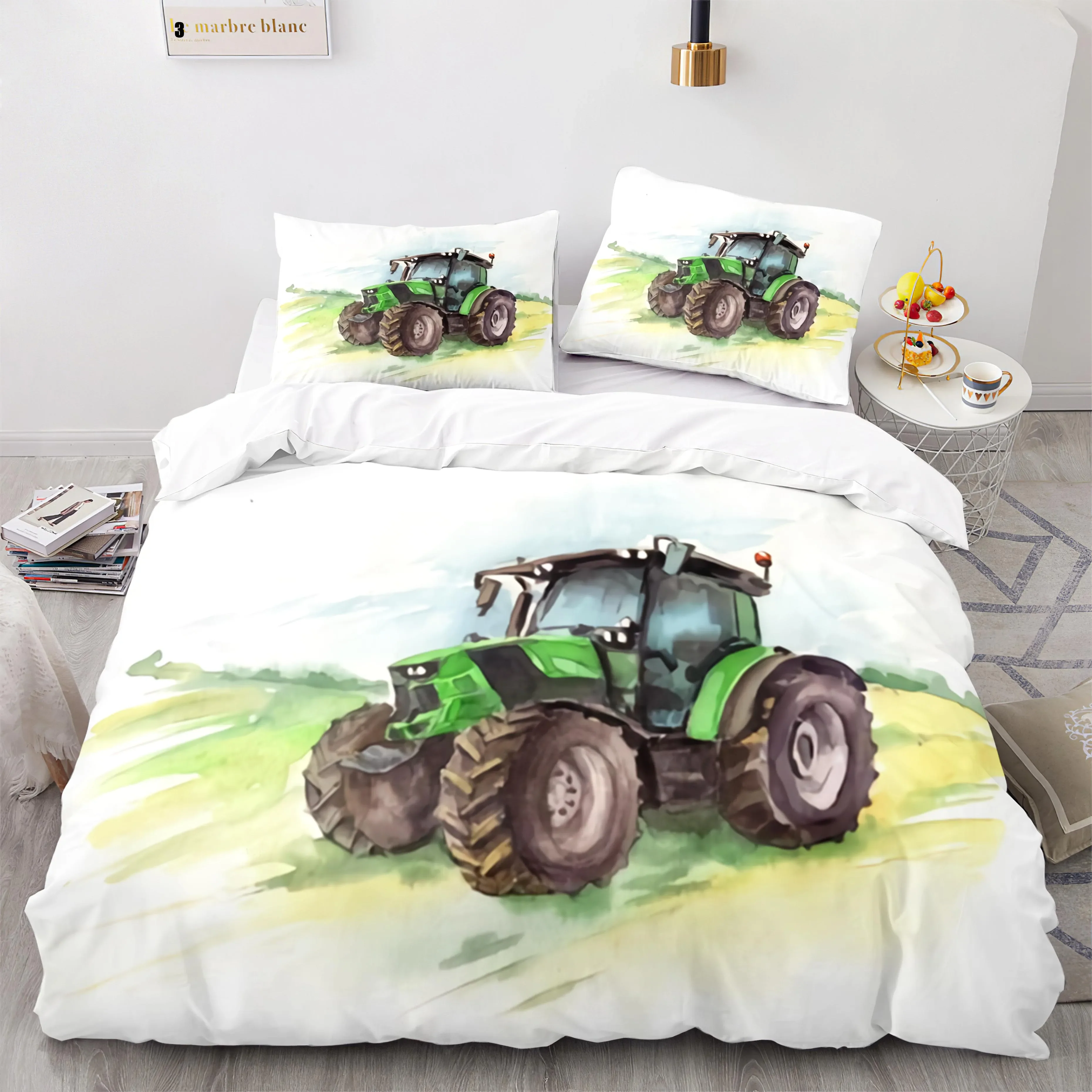 Cartoon Tractor King Queen Duvet Cover Watercolor Style Excavator Bedding Set for Kids Machinery Bulldozer Polyester Quilt Cover