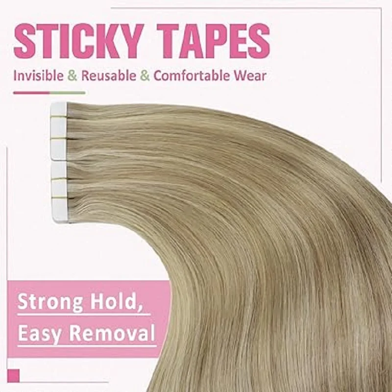 [Highlight Color] YoungSee Tape in Hair Extensions Human Hair Silky Straight Skin Weft Adhesive Tape on Hair 12-24inch