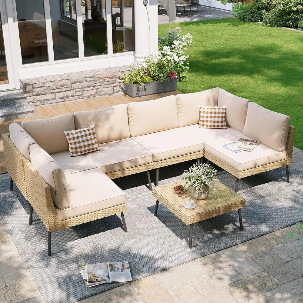 

Плетеный секционный комплект для патио из 7 предметов с подушками для отдыха на открытом воздухе, бежевый