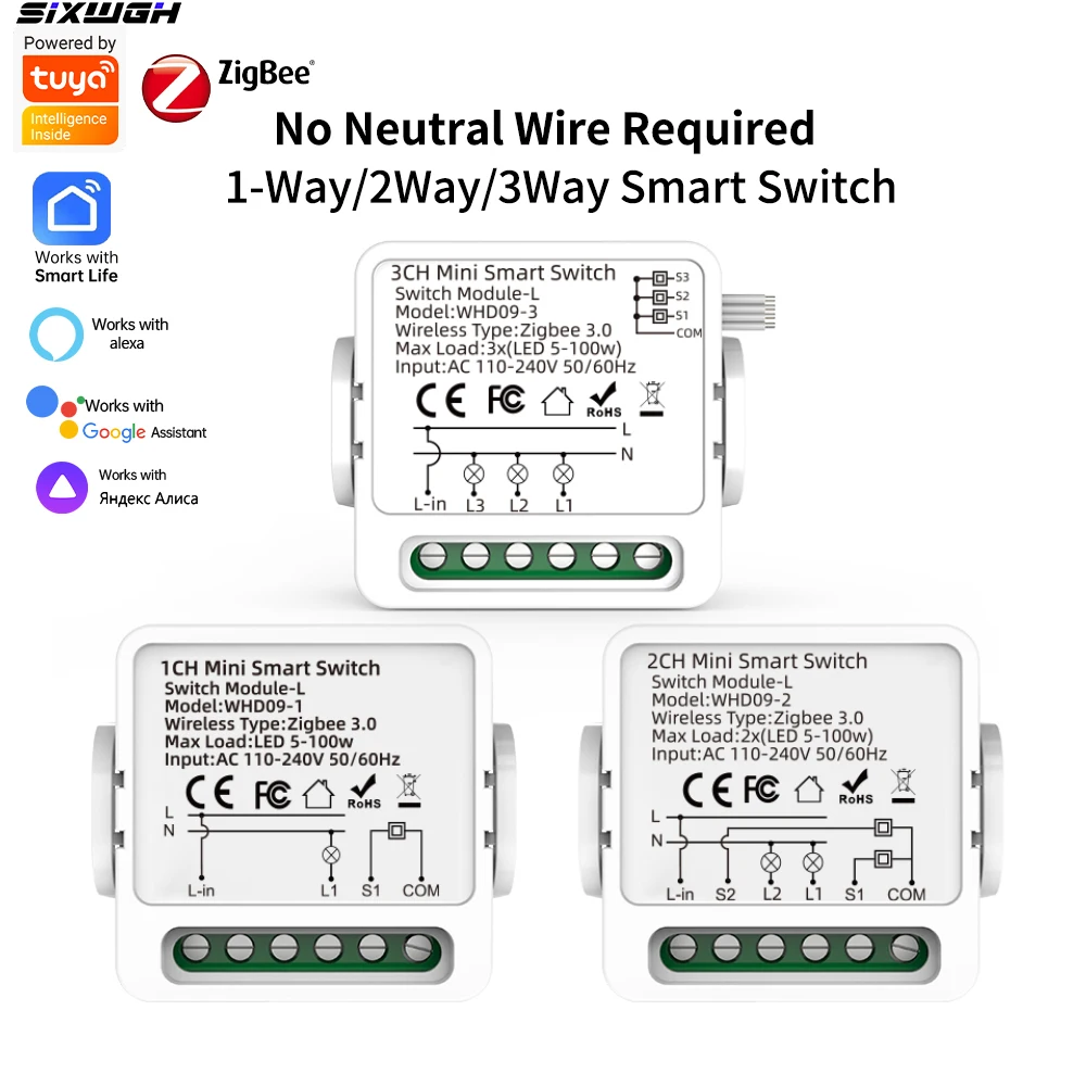 1/2/3-Wege Tuya Zigbee Smart Switch Intelligenter Schalter Ohne Neutralleiter Erforderlich Kompatibel mit Smart Life Alexa Google Home Sprachsteuerung