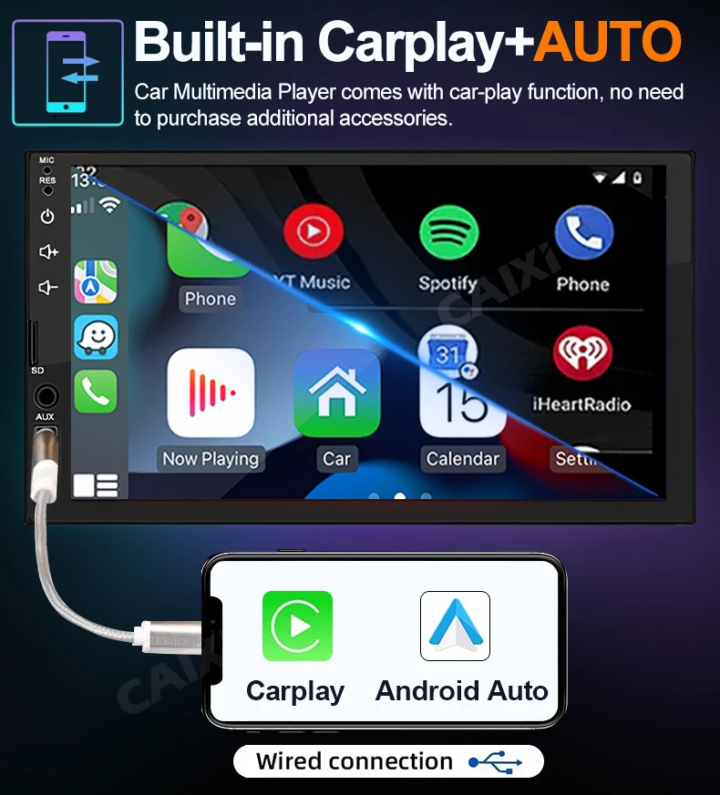 CAIXI 7 ''IPS 1 Din Carplay Android Auto MirrorLink راديو السيارة الوسائط المتعددة سيارة ستيريو استقبال 1Din Autoradio بلوتوث Headunit