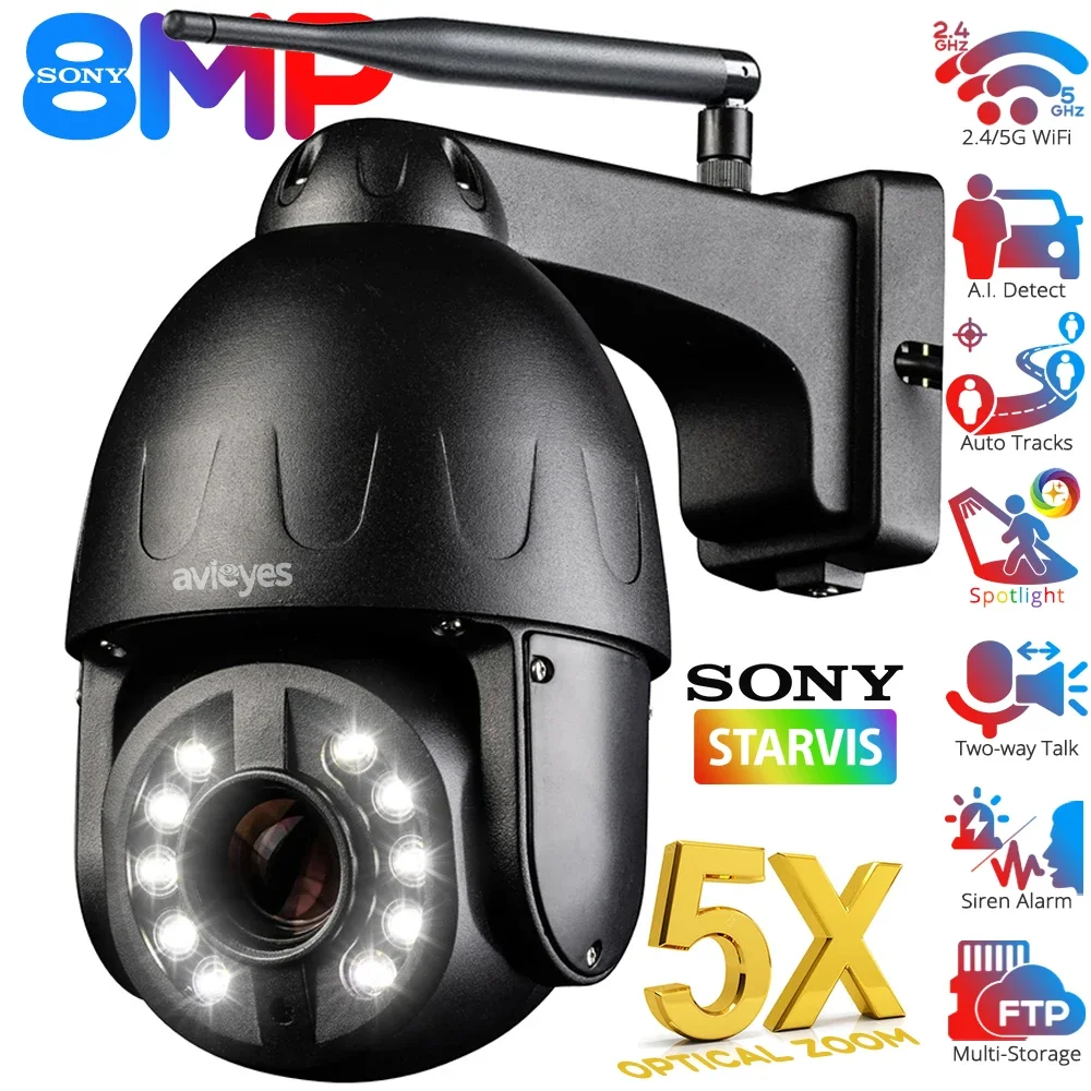 4K 8MP 5X Optical Zoom WiFi PTZ Security IP Camera Outdoor Color Night Vision Auto Tracking Human/Vehicle Detect CCTV Cameras