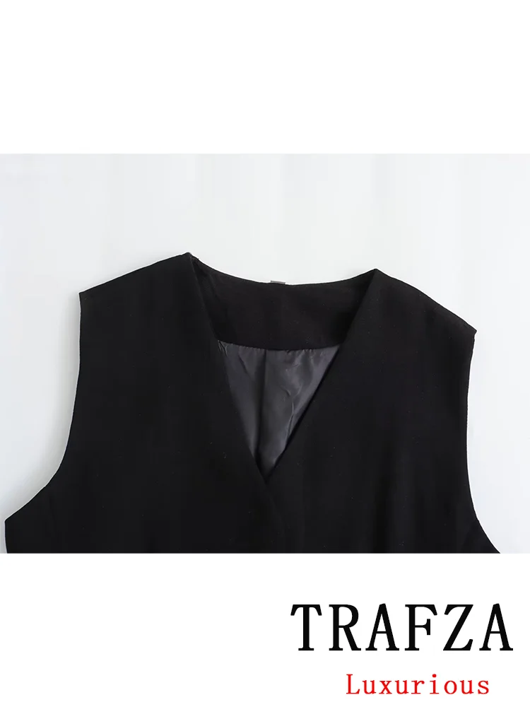 TRAFZA Vintage Suit Women Solid V Neck Pockets Sleeveless Blazer Zipper Straight Mini Skirts Fashion 2024 Spring Office Sets