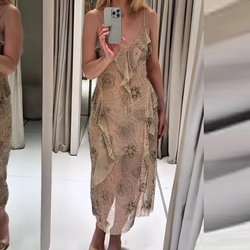 HXAO Slip Long Dresses 2025 Woman Ruffle Beaded Party Dress Women Summer Sleeveless Tulle Midi Dress Semi Sheer Backless Dress