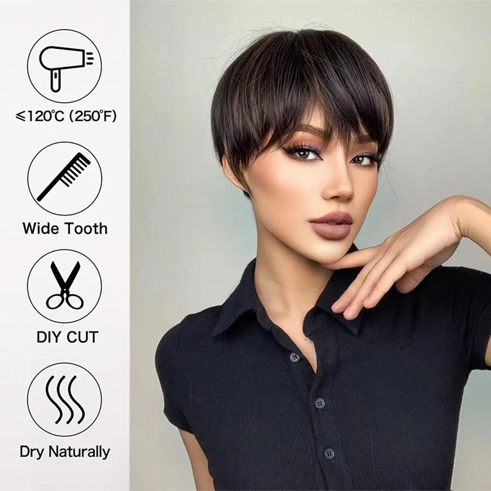 Short Brown Pixie Cut Hair Wig for Women Dark Brown Highlight Wigs Synthetic Daily Cosplay Fake Hair Natural Heat Resistant Hair