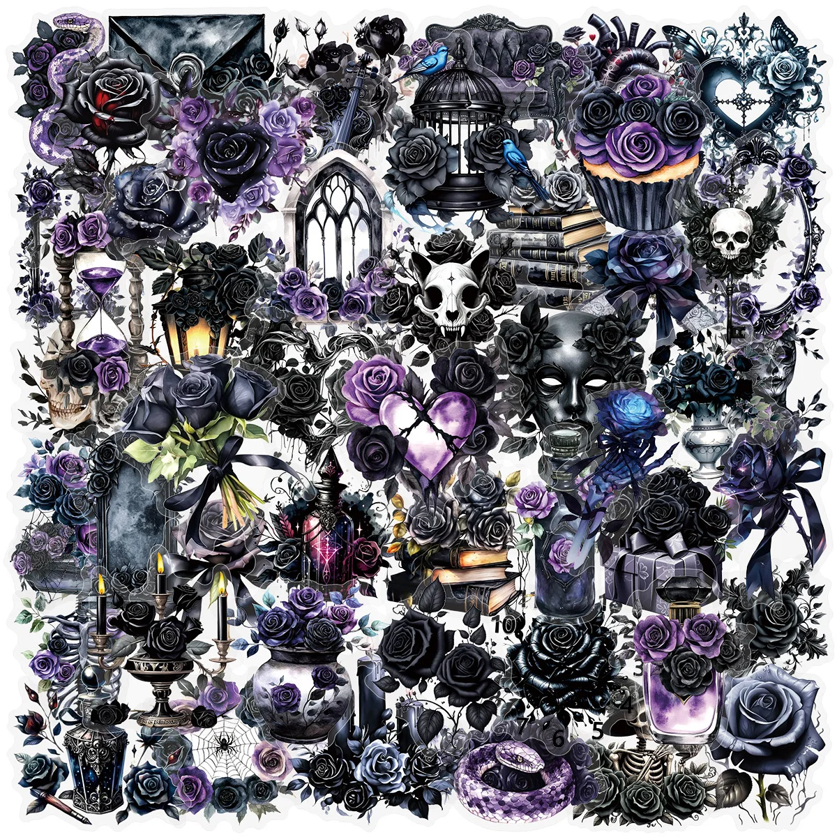 50 Stück Gothic-Style Schwarze Rosen Transparente Graffiti-Aufkleber Dekoration für Gepäck, Handy, Gitarre, Tasse, Scrapbook, Klassisches Kinderspielzeug