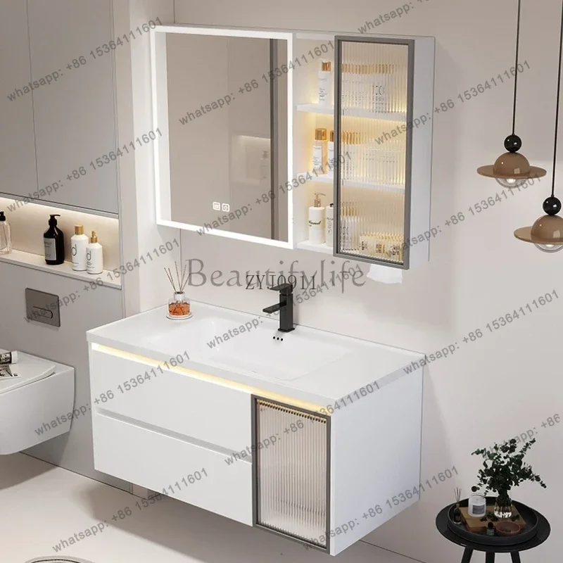 White honeycomb aluminum bathroom cabinet combination ceramic integrated basin with drawer sensor light balcony bathroom