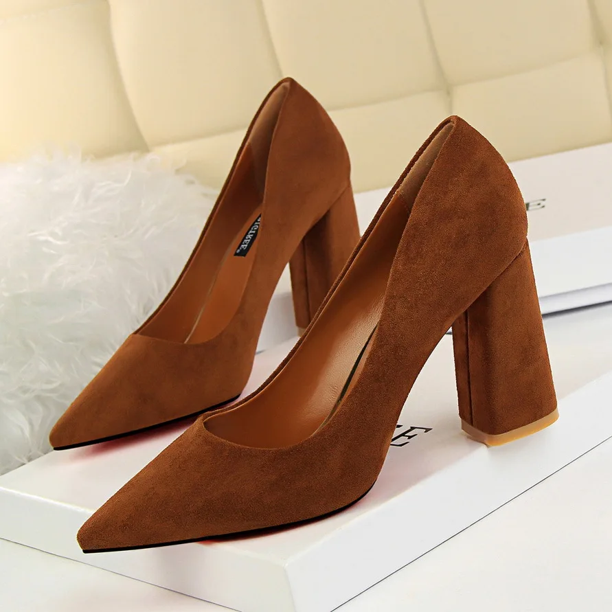 

Simple thick heel high heels 2026 spring suede shallow mouth pointed professional women's shoes high heels single shoes