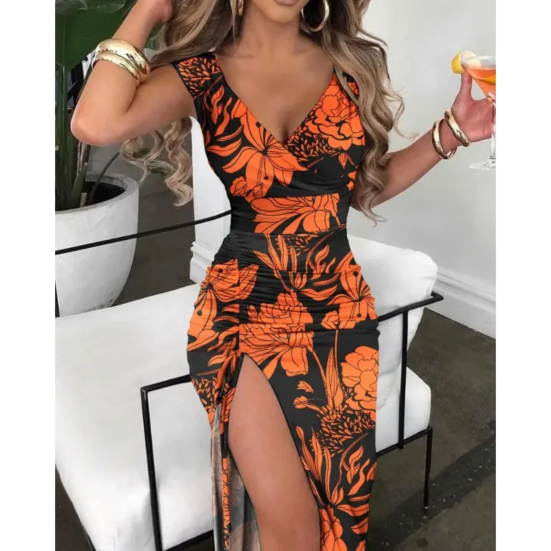 Mandylandy Summer Fashion Sexy Dress Women canotta senza maniche abito lungo vita alta con scollo a v Casual abiti Sexy stampati floreali