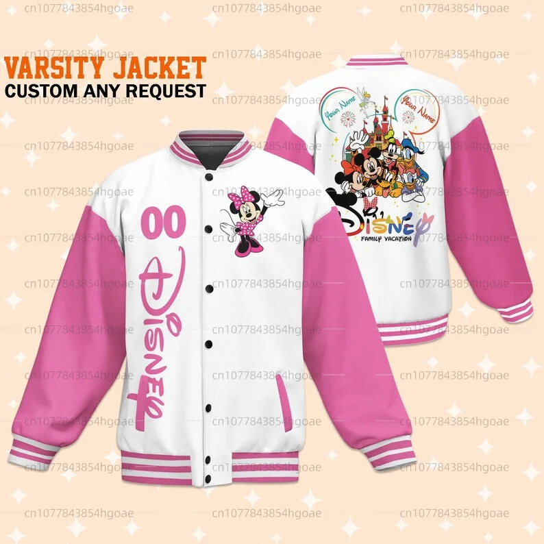 Free Customized Name Disney Minnie Baseball Jacket Disney Casual Baseball Jacket Oversize Street Men\'s and Women\'s Jacket