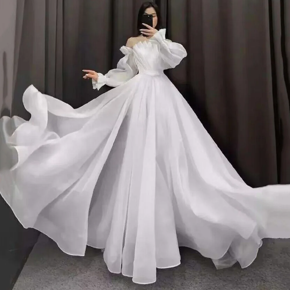 

Vestidos de Noiva Branco Elegant White Wedding Dresses 2024 Pleated Organza Wedding Gowns Puff Long Sleeve Bride Dress Lace up