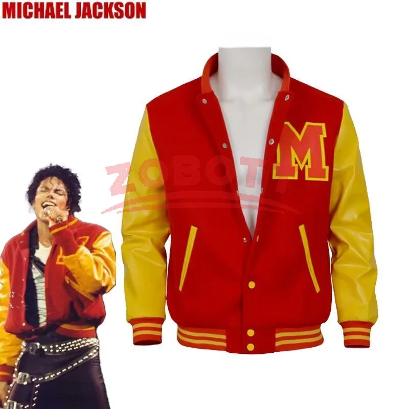 Michael Jackson Thriller Grusel-Kostüm Rote Lederjacke für Damen Herren Erwachsene Halloween-Verkleidung Baseball-Jacke Retro Bomberjacke