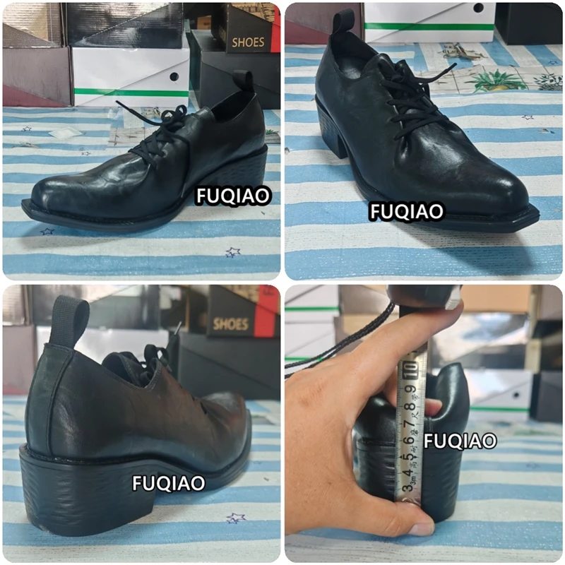 Wizard Pointed Couple High Heels Men Style Design Sense Niche Runway Model Casual 6CM Height Increasing Black Derby Shoes