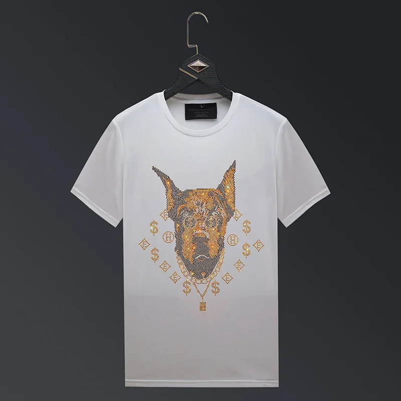 Cartoon Dog Rhinestones T Shirts Men Clothing Short Sleeve Tops Tee Fashion Streetwear O Neck Slim T-shirts футболки со стразами