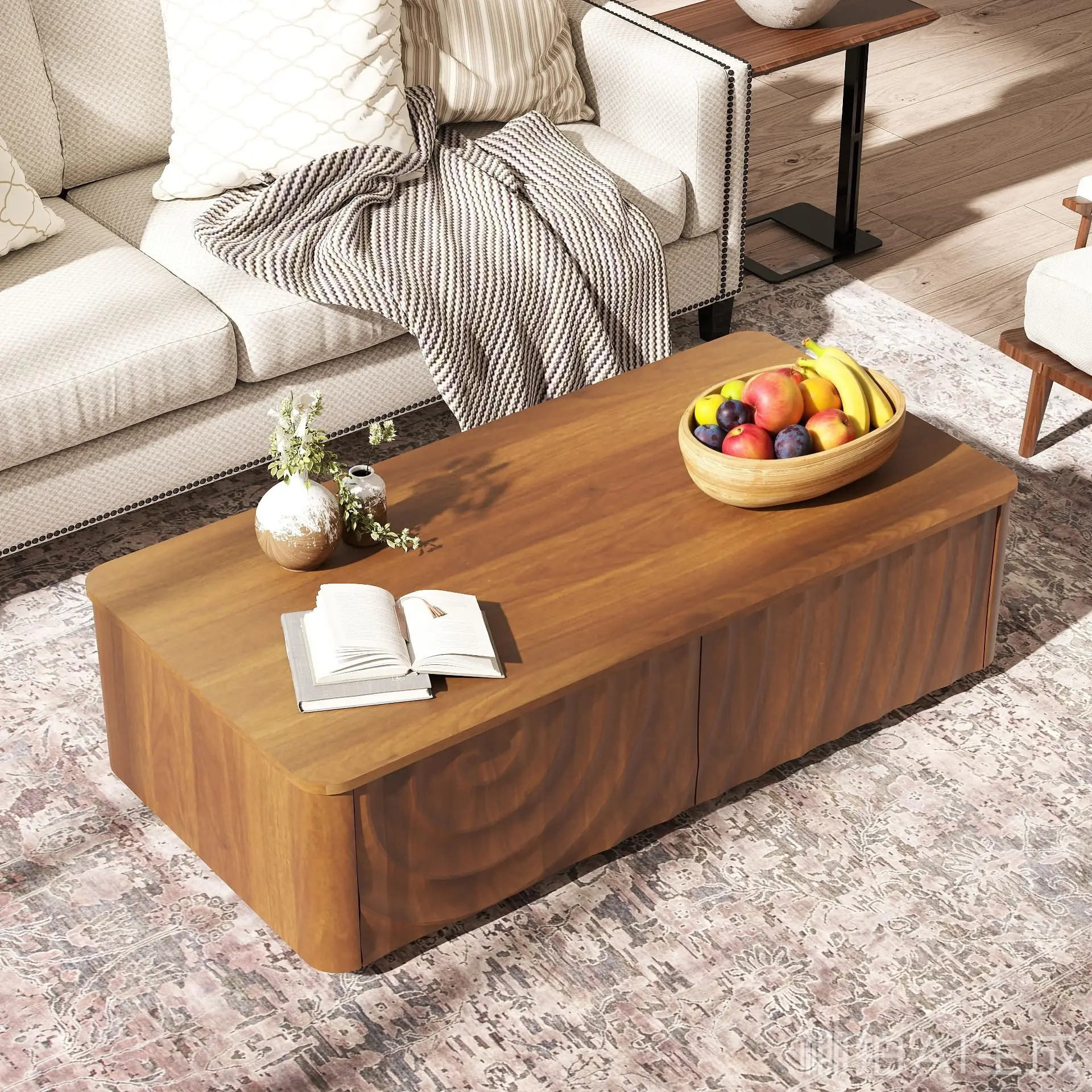 

47 Inch Mid-Century Farmhouse Style Coffee Table Featuring Spiral Wood Grain Design And Built-In Storage For Living Room Use