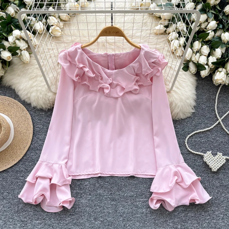 2024 Blusas Mujer De Moda Sweet Women Shirts Y2k Ruffled Collar Loose Blouses All Match Fashion Solid Zipper Elegant Blouse Tops