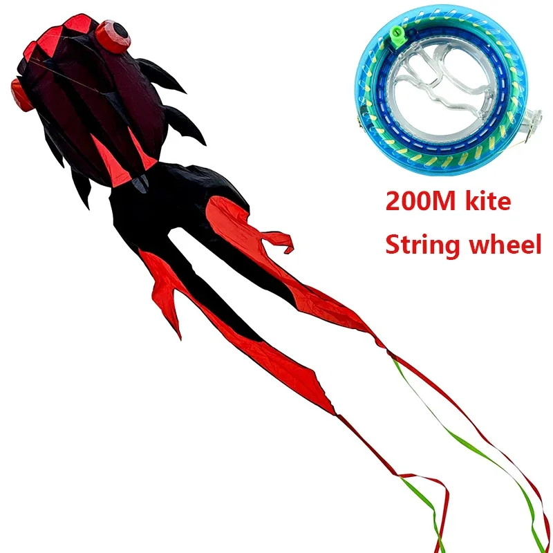 Black 14M Long Tailed Goldfish Soft Kite for Outdoor Beach Flying, Easy To Fly, Tear Resistant, and 200M Scroll for Free