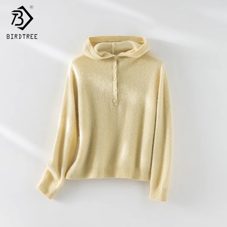 

Birdtree,Wool Blended Warmth Sweater,Women Knitted Basics Solid Coat,Hooded, Full Sleeve, 2025 Autumn Casual Pullover T5D109JF