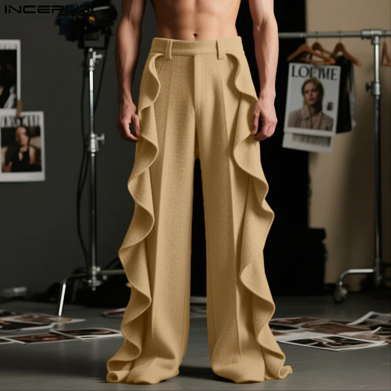 INCERUN Men Pants Solid Color Elastic Waist Ruffle Joggers Casual Trousers Men Streetwear 2055 Loose Fashion Male Long Pants