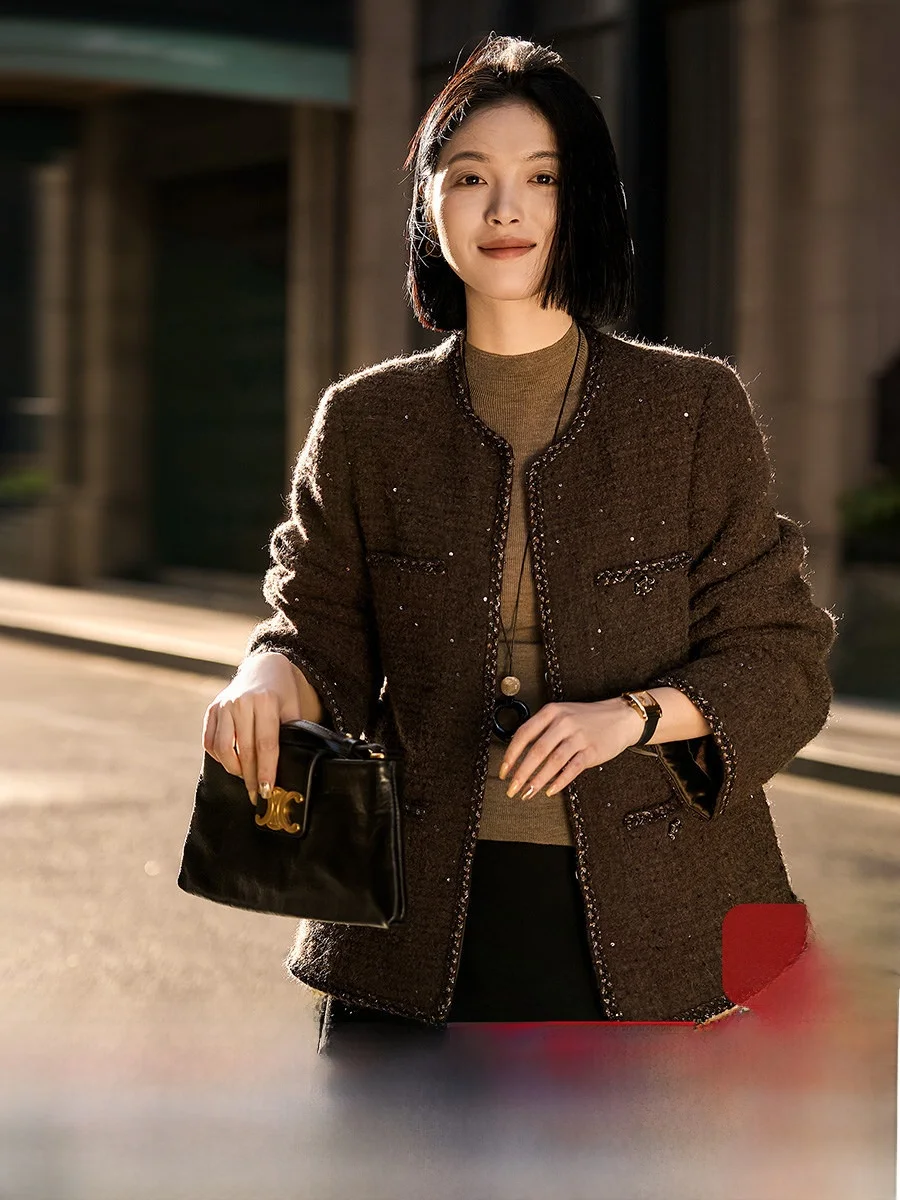 

Edinburgh Holiday Faionable Wool Alpaca Wool Tweed Windbreaker Women's Autumn New Sle Straight Cut Coat Warm Long Sve