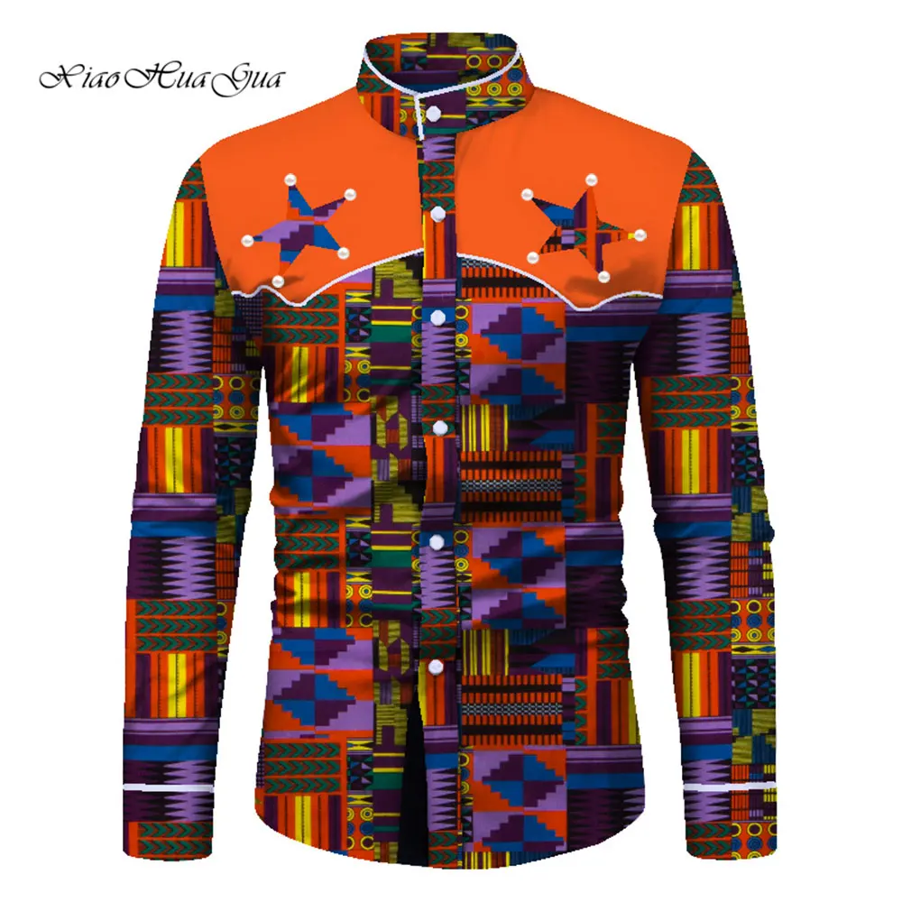 African Men Long Sleeve Shirt Fashion Bazin Riche Tops Men Casual African Print Shirt Coat Causal Party Office Shirt WYN645