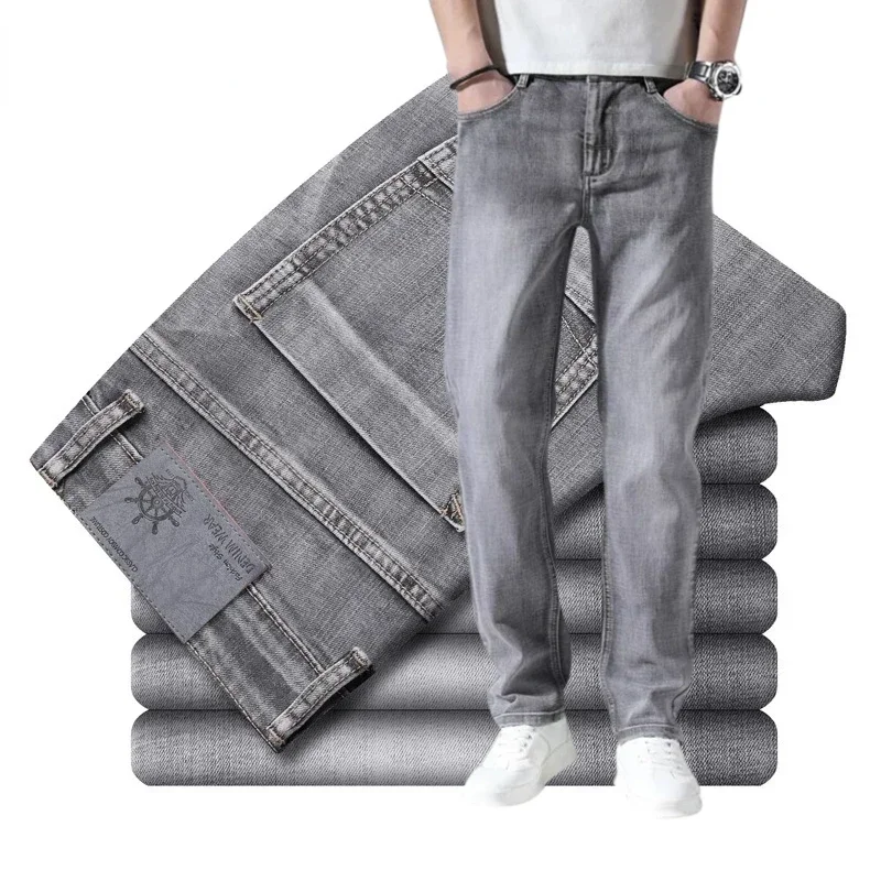 Men's Cotton Stretch Straight Jeans Lightweight Thin Denim Pants Spring Summer Business Casual Daily Light Blue Grey Trousers