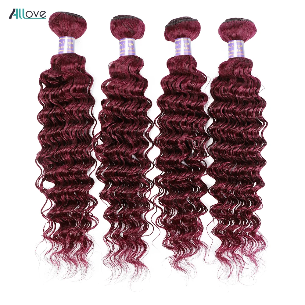 Allove-extensiones de cabello humano Remy para mujer, mechones de ondas profundas Borgoña 99J, 30 pulgadas, brasileño, rojo, 100% colores