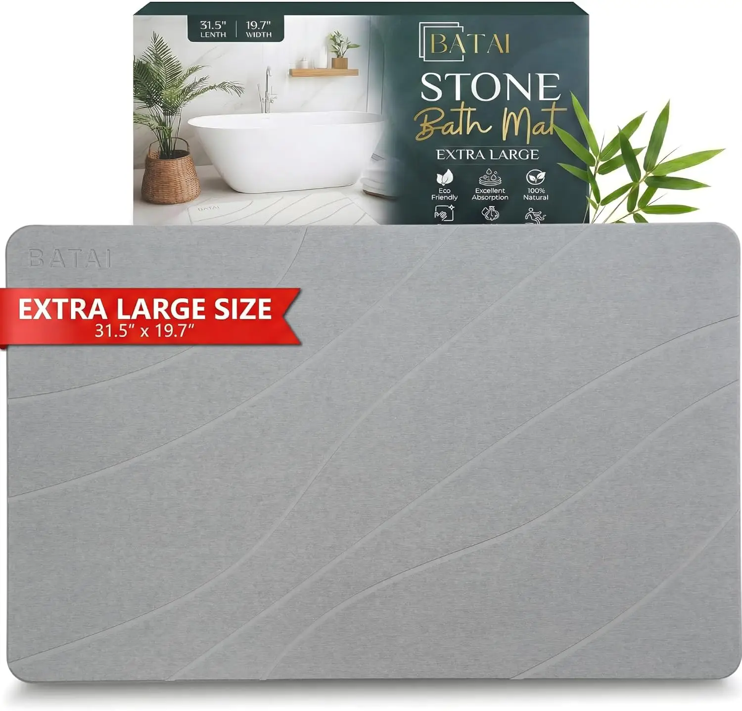 

Extra Large Diatomite Bath Mat 31.5x19.7 Inches - Quick Dry, Non-Slip Stone Bathmat for Easy Cleaning in Light Gray XL