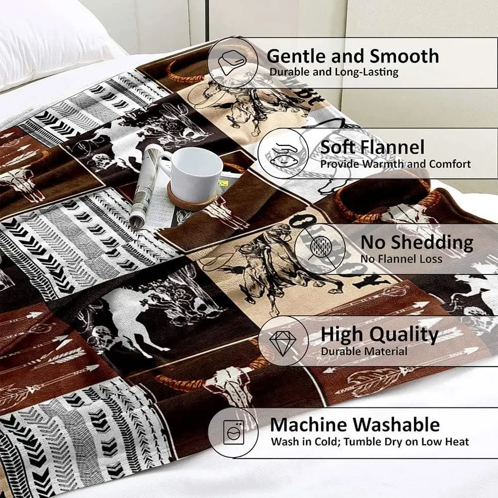 Western Throw Blanket, Twin Blanket, Bull Cow Skull Cowboy Boots Hat Horse Rustic Country Wild West Blanket,