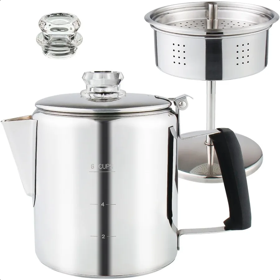 

Multi Use Percolator Coffee Pot Stainl Steel Stove Top Coffee Maker with Two Tough Borosilicate Glass Knob Silica Handle Campin
