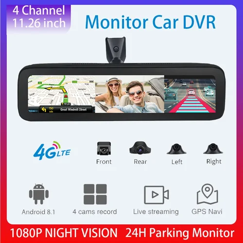 안드로이드 대시 캠 지지대, 4 렌즈, 360 ° 11.25 인치 미러 카메라, 2GB + 32GB, 4G HD 1080P 자동 카메라, GPS 와이파이 ADAS 자동차 DVR, 후면보기 포함