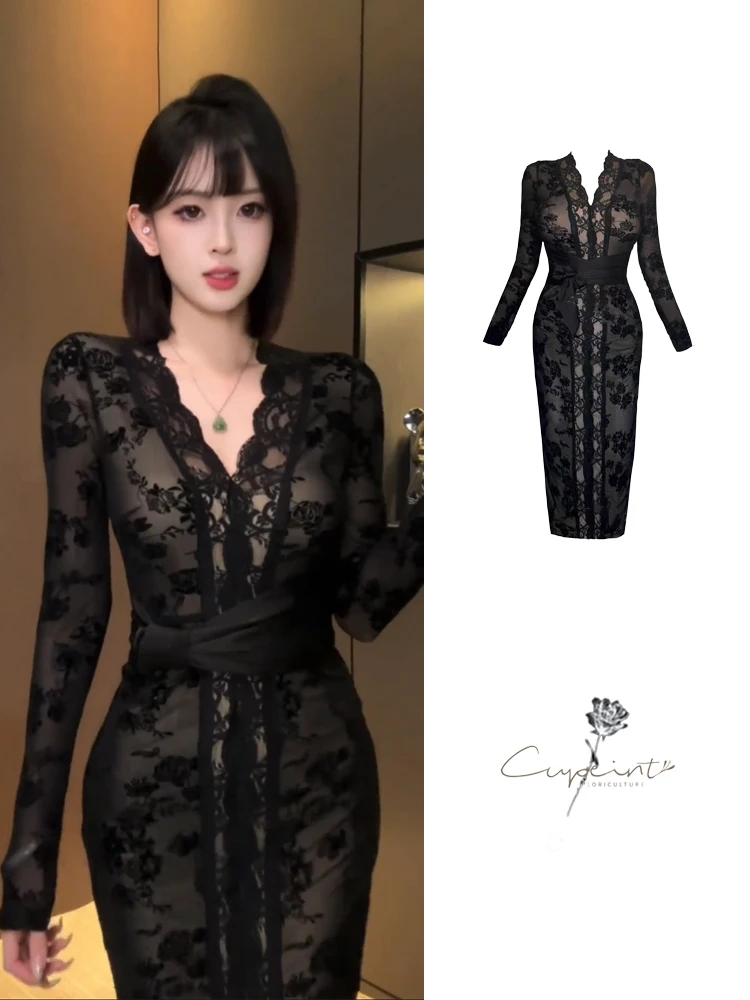 

Черное кружевное платье миди с V-образным вырезом и длинными рукавами, с поясом на талии, для весенне-летнего и осеннего сезонов, женское, модное, элегантное