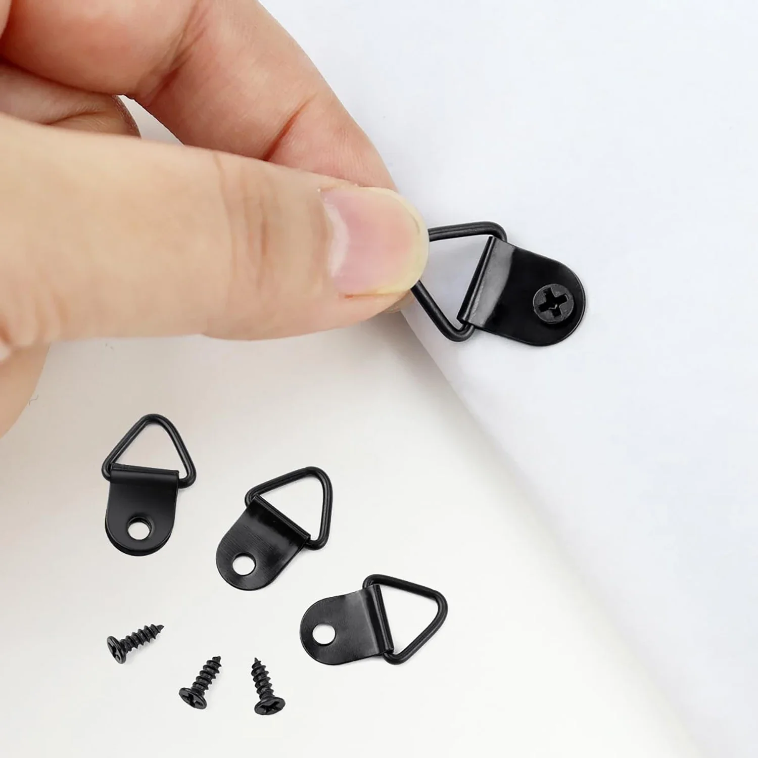 100 Sets Bilderaufhänger mit Schrauben, kleiner dreieckiger Ring, leichte D-Ringe für Uhr, Spiegel, Gemälde, Kunstwerke, Bilderrahmen – Detail 12