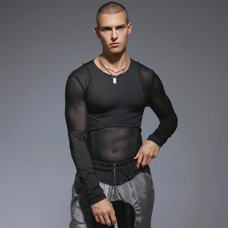 2023 Men Bodysuits Mesh Patchwork Zipper O-neck Long Sleeve Transparent Rompers Streetwear Sexy Fashion Male Bodysuit INCERUN