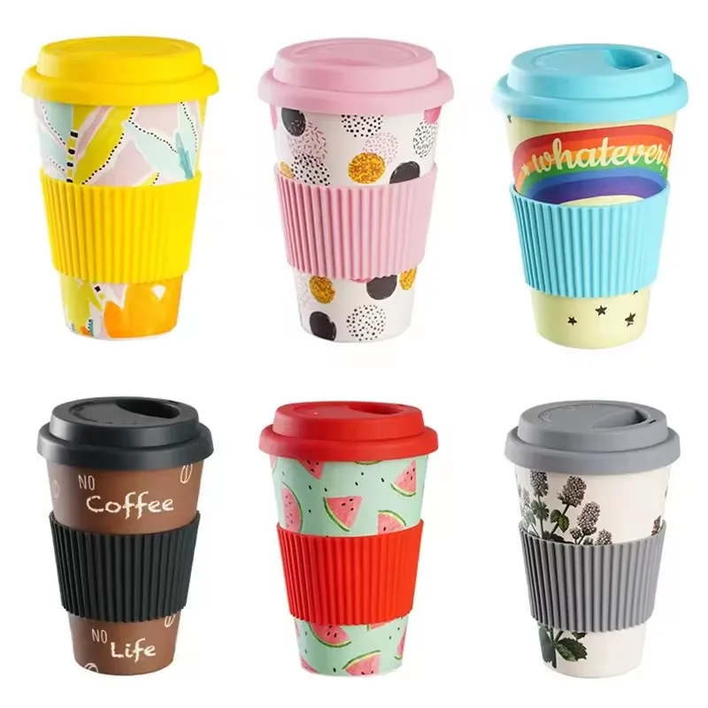 Heat Resistance Reusable Bamboo Fibre Coffee Cup Creative Fashion Coffee Tea Mug Wheat Straw Travel with Silicone Lid Mugs 400ml
