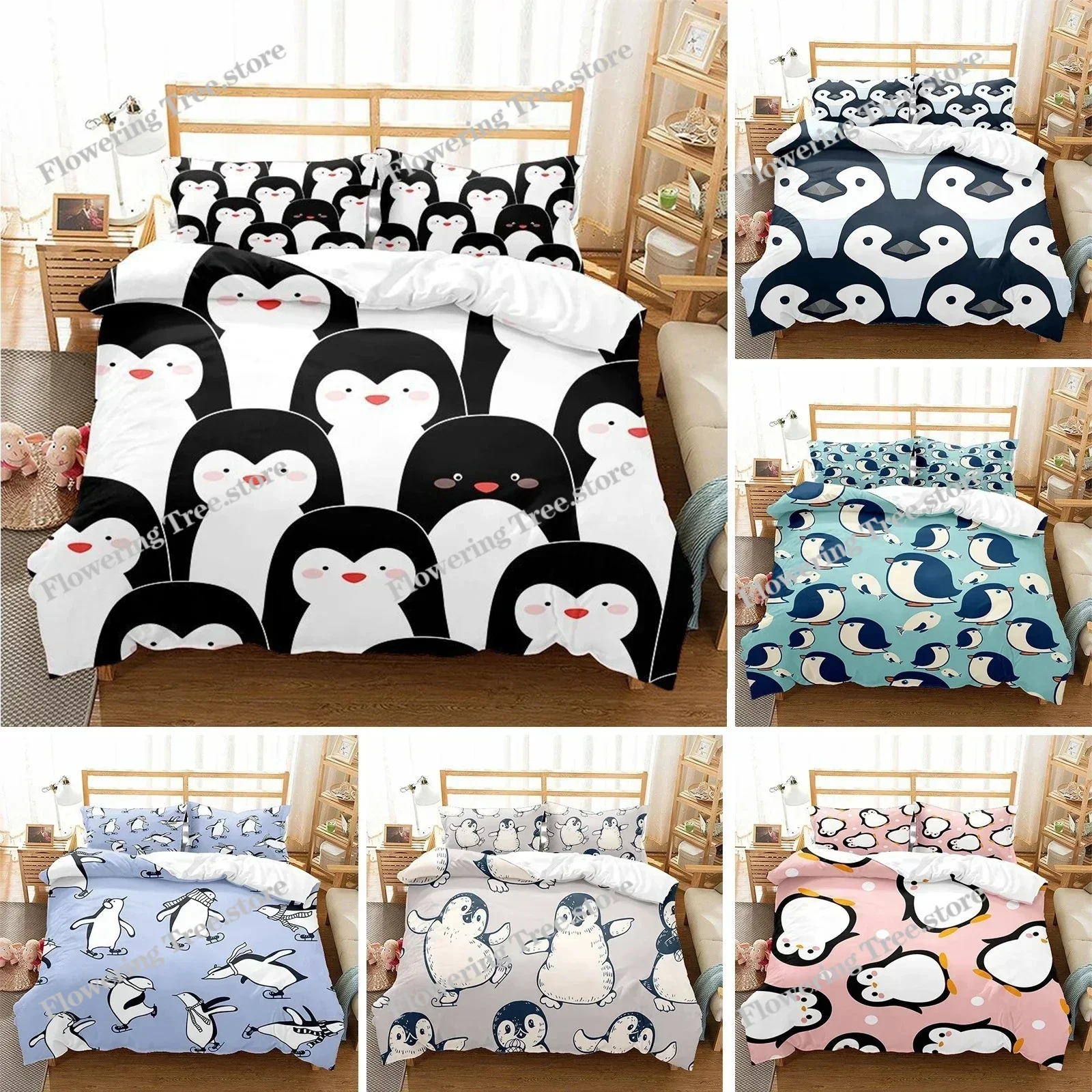 Cute Penguin Bedding Set Cartoon Animals Duvet Cover Set Twin For Boys Girls Room Decor Print Comforter Cover With Pillowcases